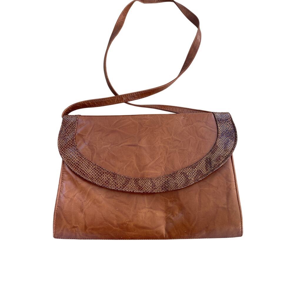 Maurice Vintage brown leather hobo bag crossbody purse  snakeskin overlay trim